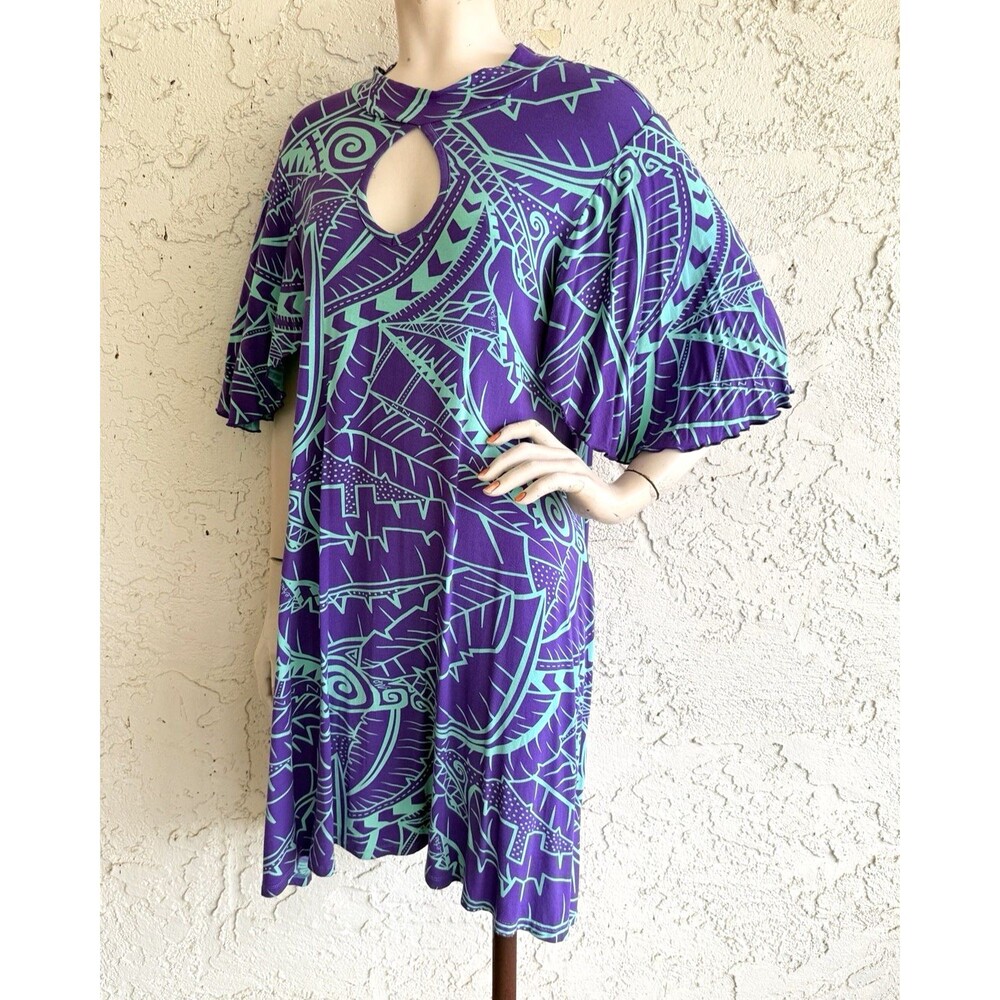 MISSING POLYNESIA Dress Purple Hawaiian Aloha Art Print Jersey Tunic Size 2 L XL